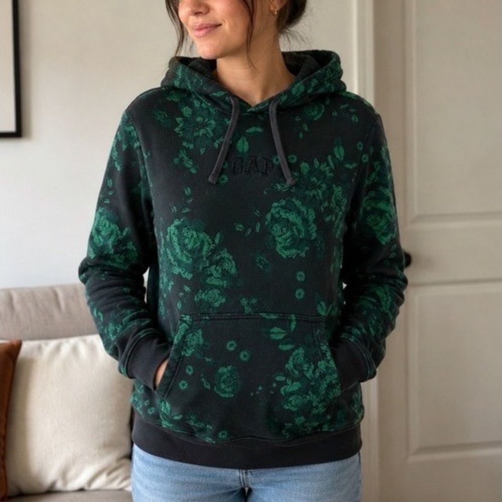 GAP Black Green Floral Pullover Hoodie Kangaroo Pocket Sweatshirt Top Size Small